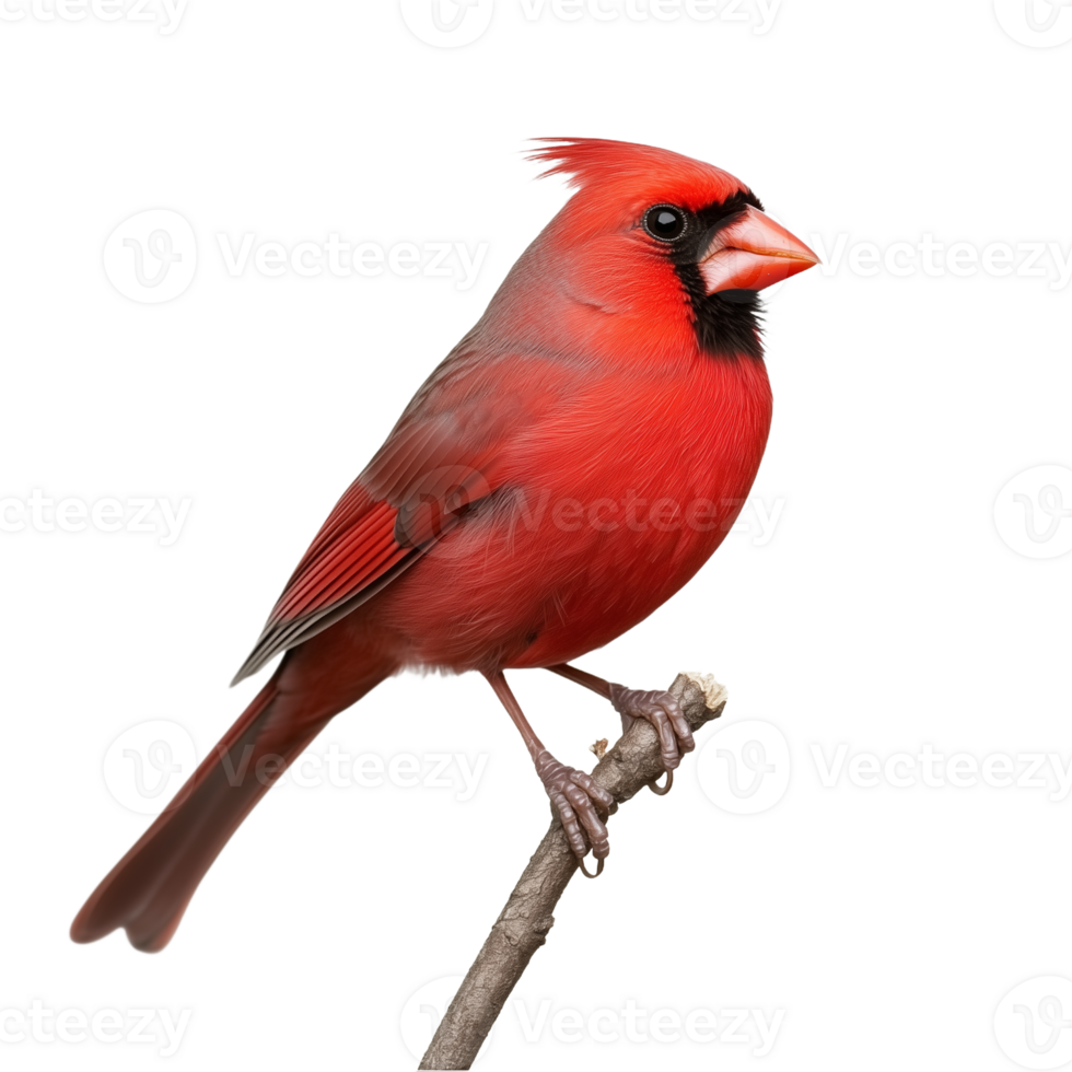 Bright red cardinal bird perched on a branch, isolated on a transparent background png