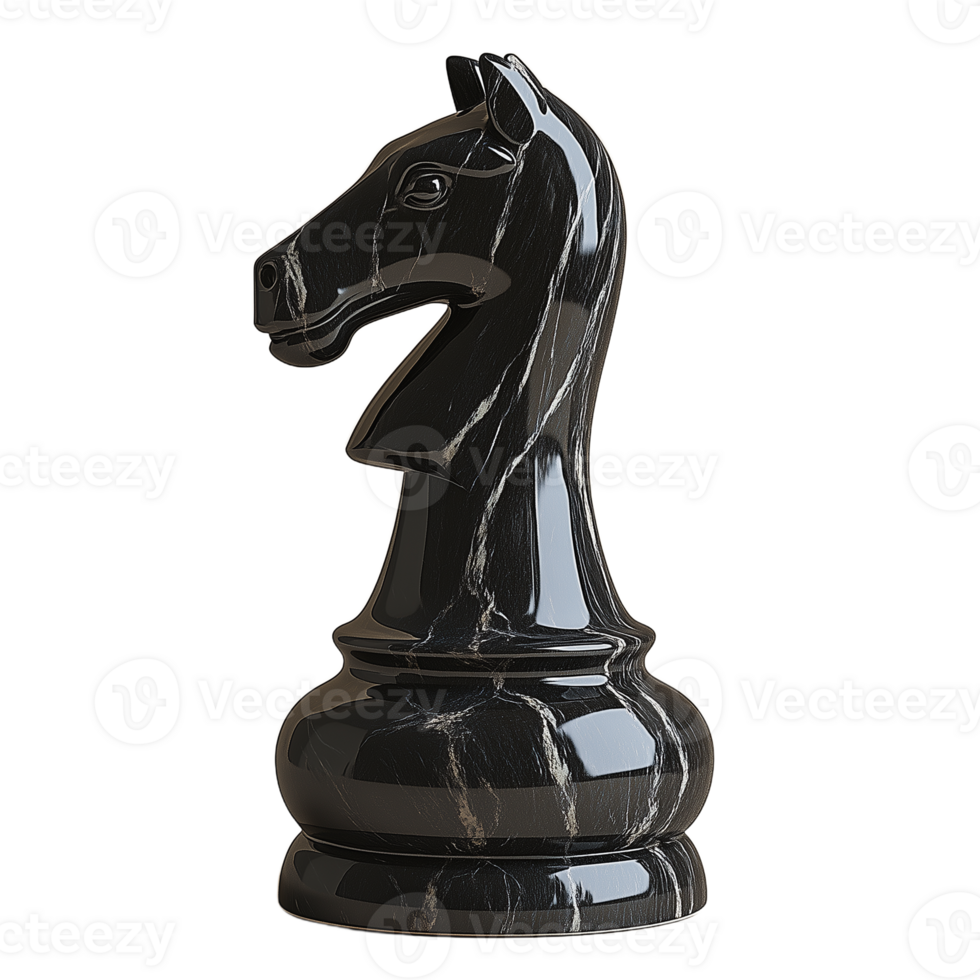 Glossy black chess knight piece, isolated on a transparent background png