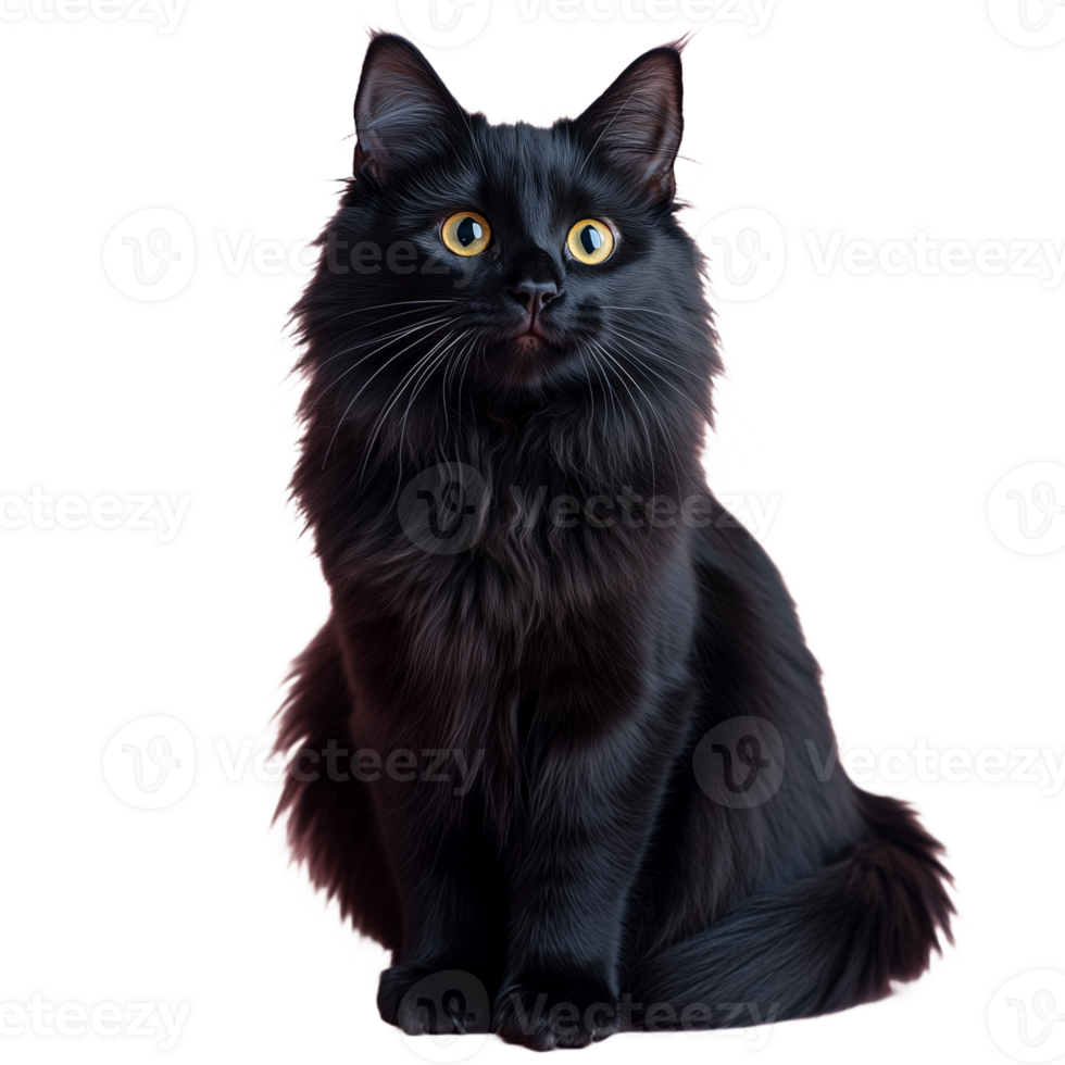 Fluffy black cat sitting with upright posture, isolated on a transparent background png