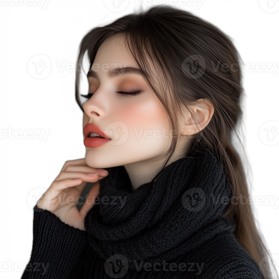 Profile view of a young woman with dark hair in a black turtleneck sweater, isolated on a transparent background png