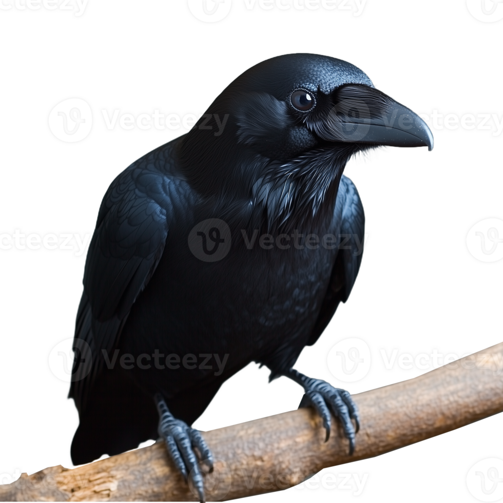 Black crow perched on a wooden branch, isolated on a transparent background png