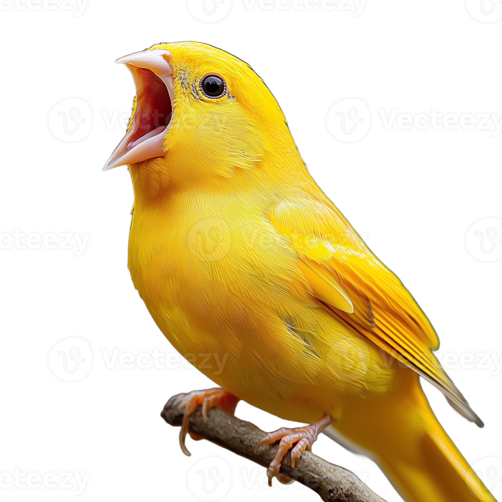 Singing yellow canary perched with beak open, isolated on a transparent background png