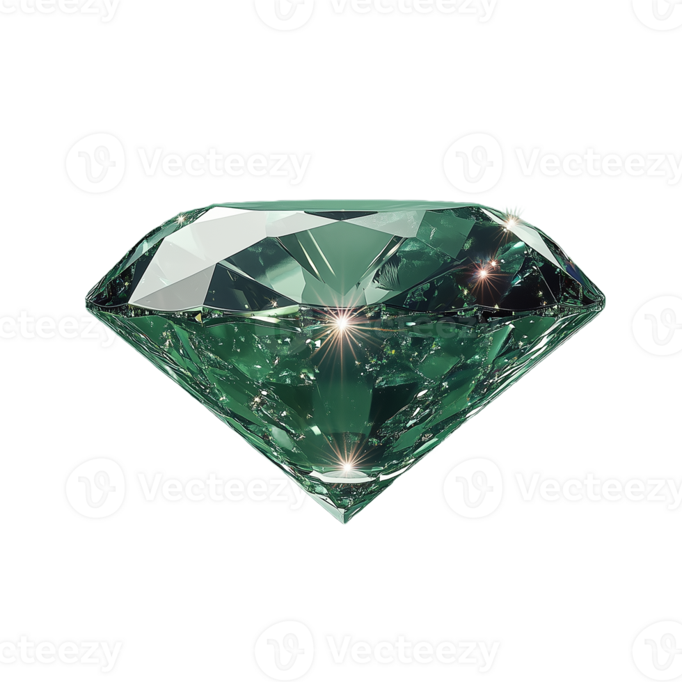 Green diamond gemstone with sharp facets, isolated on a transparent background png