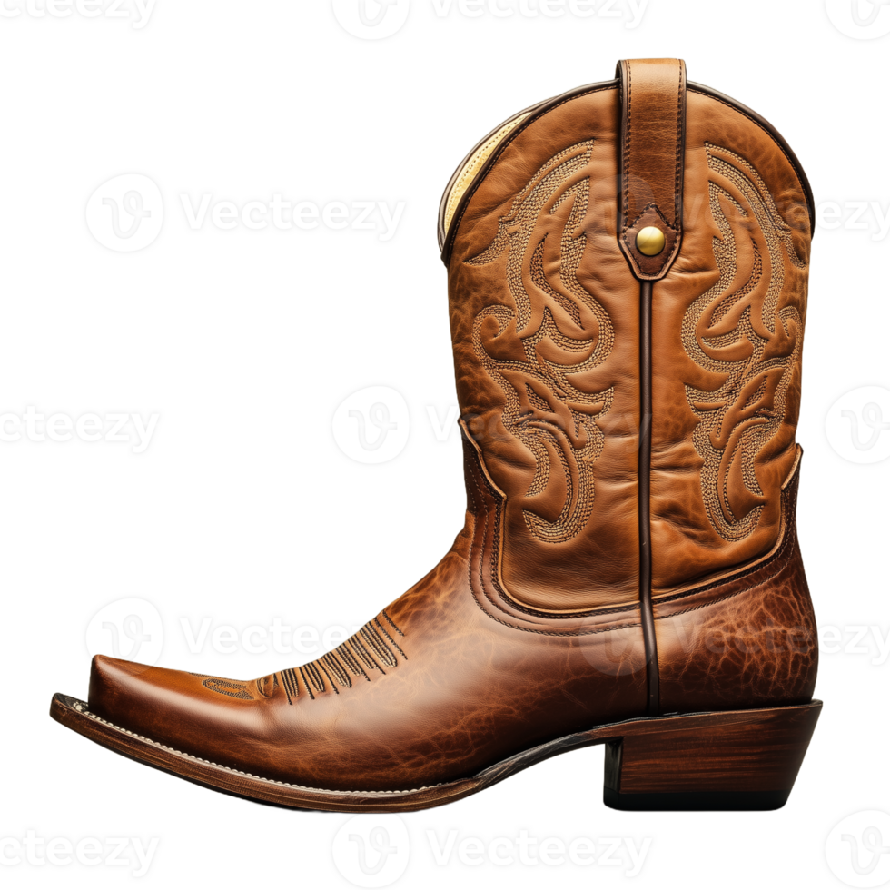 Classic brown cowboy boot with intricate stitching, isolated on a transparent background png