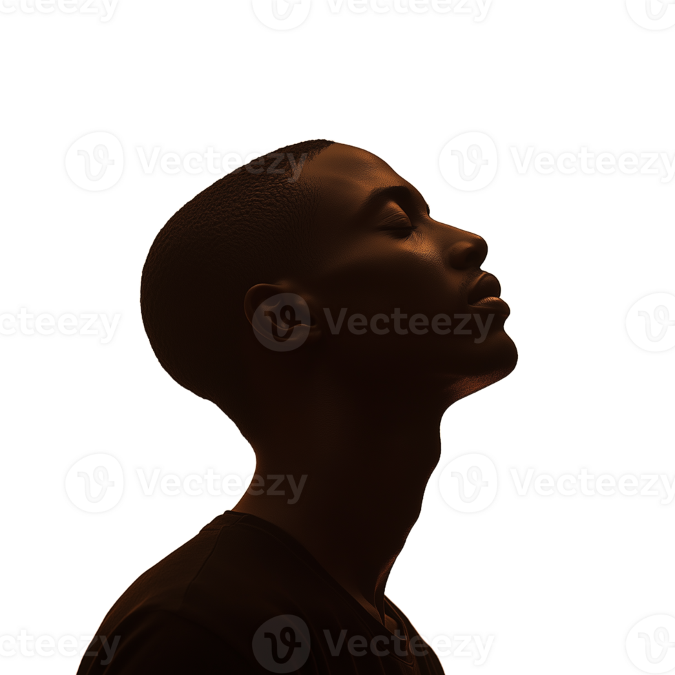 Side profile of a man with shaved head looking upwards on a transparent background png