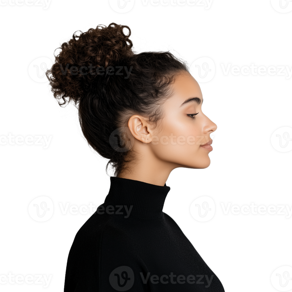 Woman with curly hair in a high bun looking to the side on a transparent background png