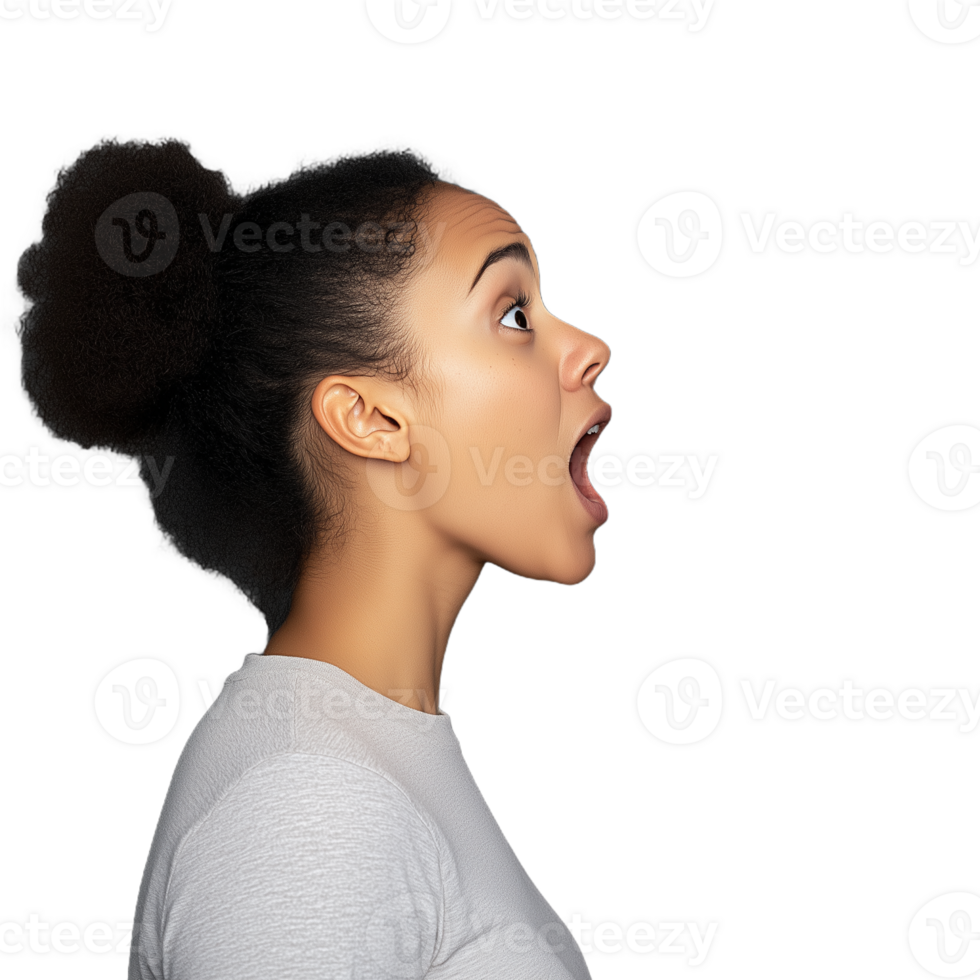 Woman with hair in a bun shouting or yelling on a transparent background png