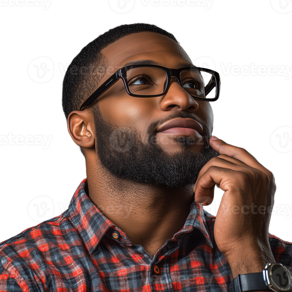 Portrait of a thoughtful man wearing glasses with a beard on a transparent background png
