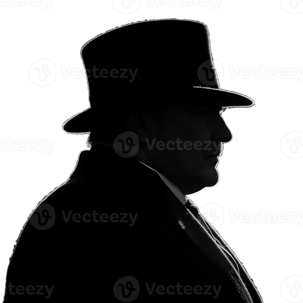 Man in silhouette wearing a formal hat and coat on a transparent background png