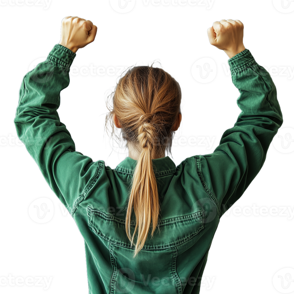 Woman with a ponytail celebrating with raised fists from behind on a transparent background png