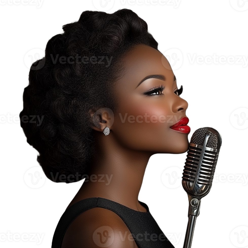 Woman singing into a retro microphone with a glamorous look on a transparent background png