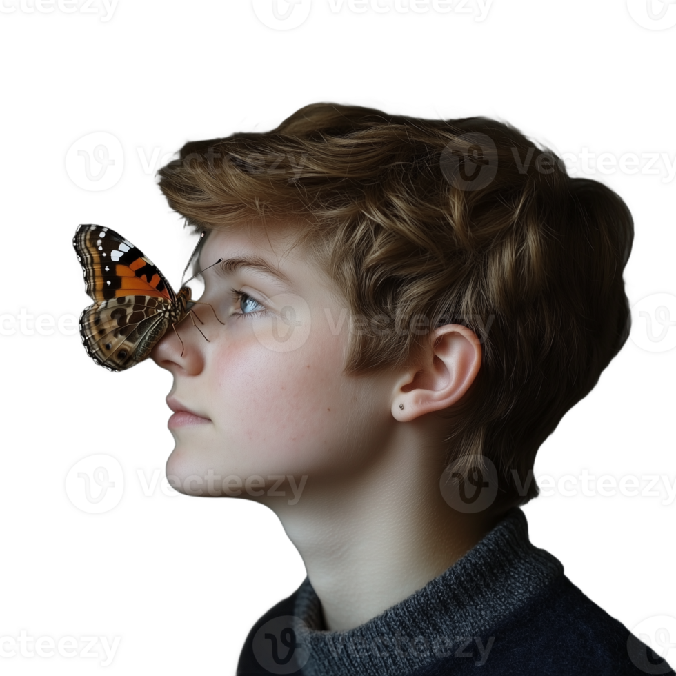 Boy with short hair and a butterfly on his face on a transparent background png