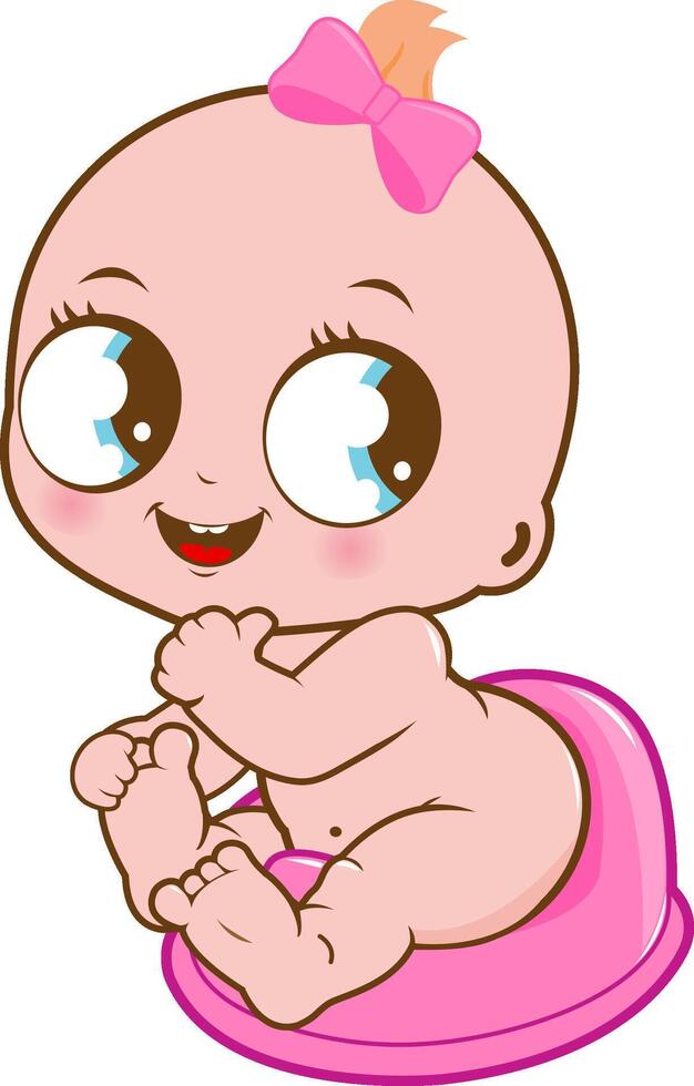 Cute baby girl toddler using the potty. Child learning to use the toilet. Toilet time, potty time for little children. vector