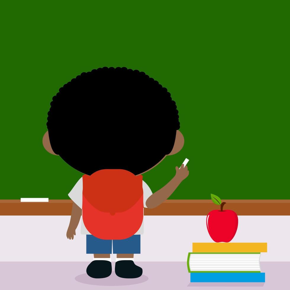 African American student in the classroom at school writing on a blackboard. Boy writes with chalk on a chalkboard. vector