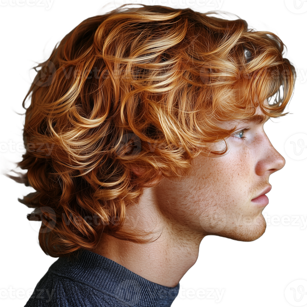Side profile of a man with curly blonde hair on a transparent background png