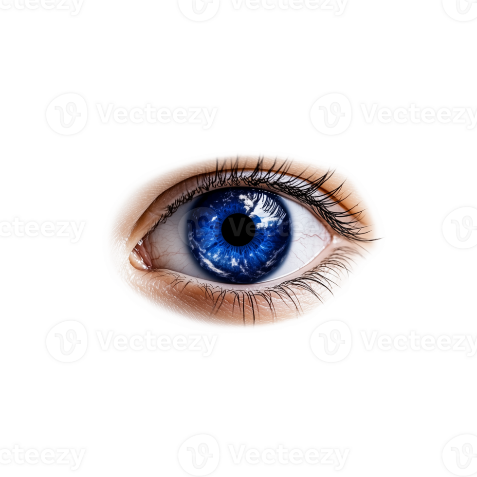 Closeup of a detailed blue human eye with realistic features on a transparent background png