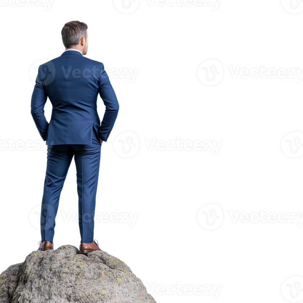 Back view of a man in a business suit standing on a rock looking ahead on a transparent background png