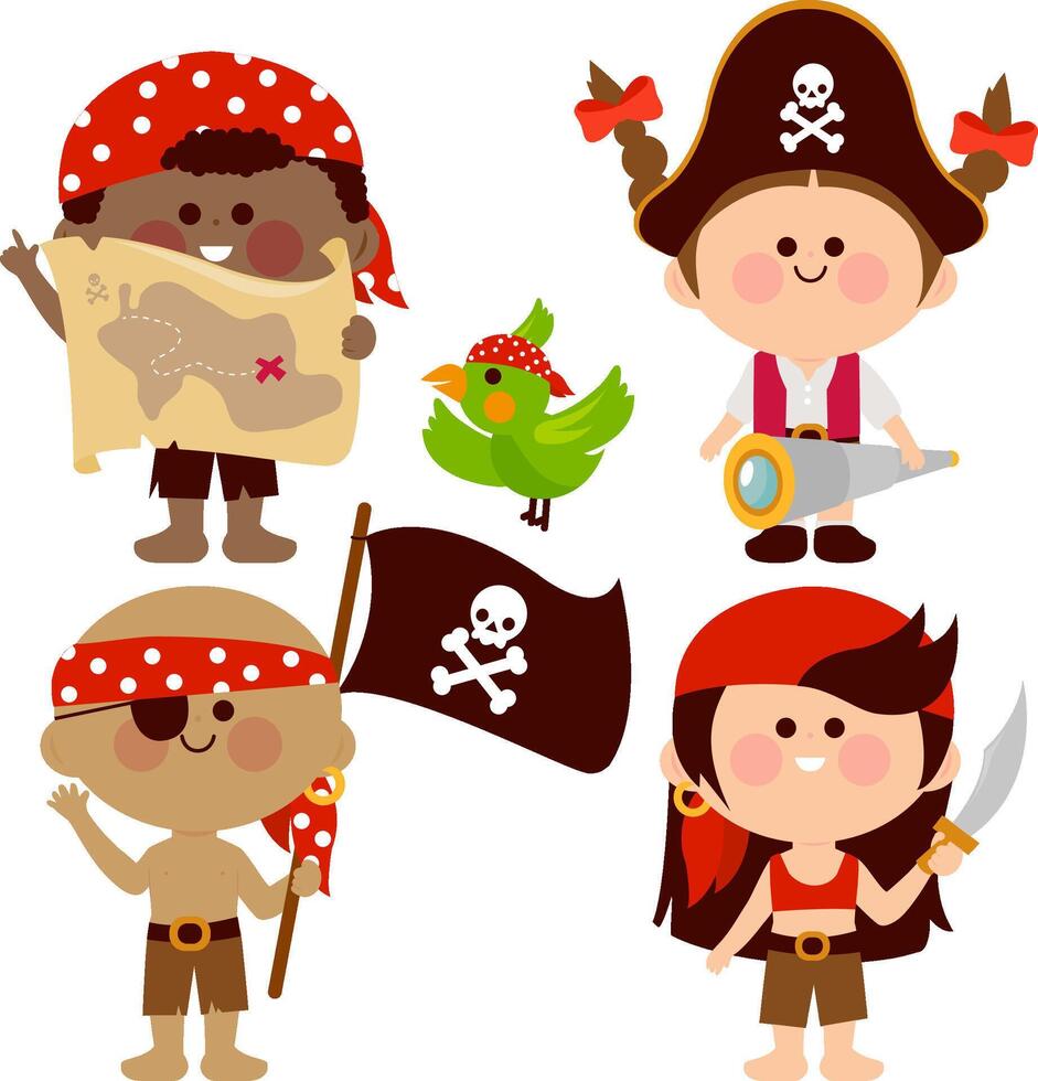 Happy children pirates, boys and girls with swords, treasure map and telescope. Kids pirates, parrot and black pirate flag. vector