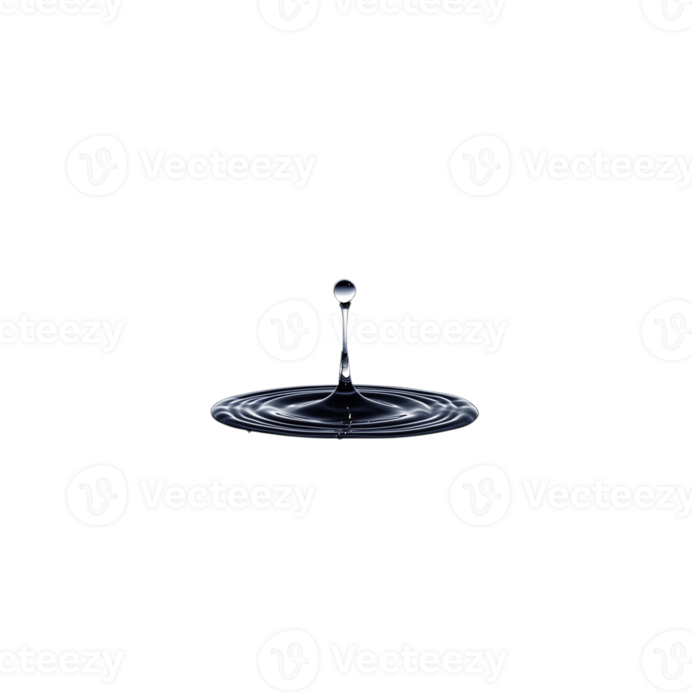 Single water droplet splashing into a ripple effect on a black liquid surface on a transparent background png