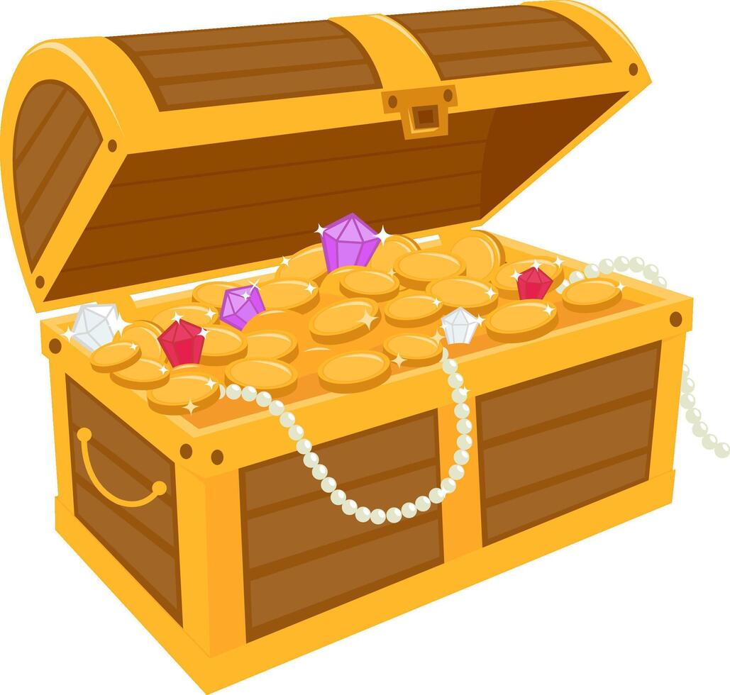 A wooden chest filled with gold treasure. Pirate treasure chest filled with gold coins, gems and jewelry. Wooden box with diamonds and pearls. vector