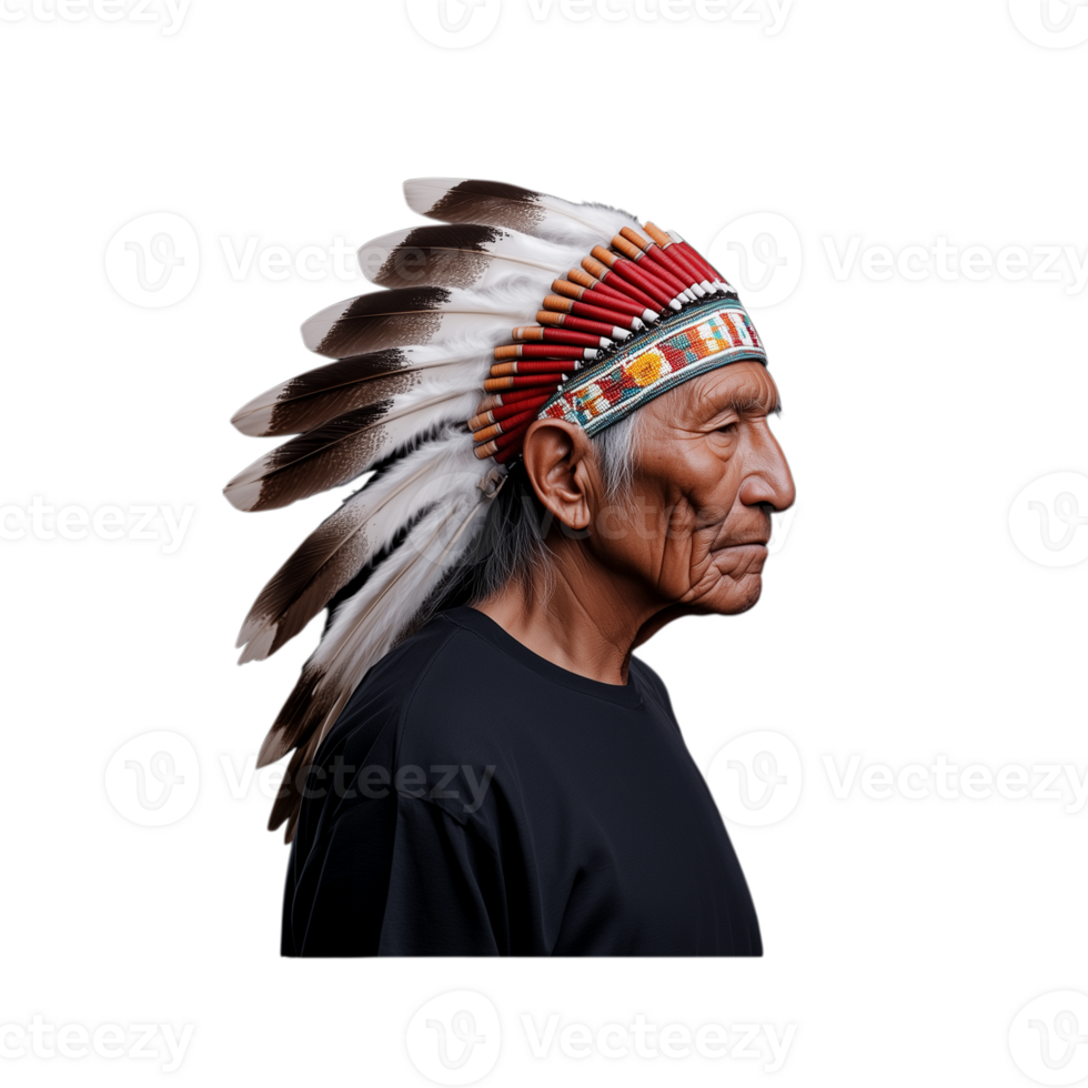 Profile of a serious elderly man in a traditional Native American headdress on a transparent background png