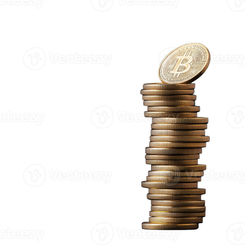 Stack of gold Bitcoin coins piled up in a column on a transparent background png