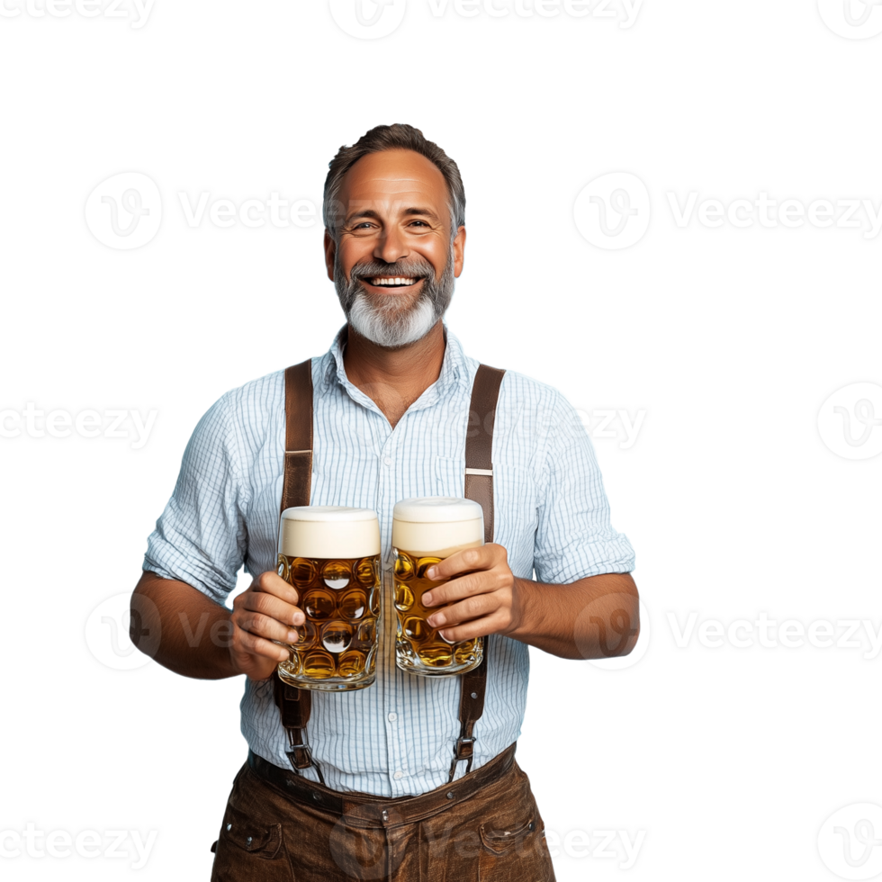 A smiling man holding two beer mugs with a traditional outfit on a transparent background png