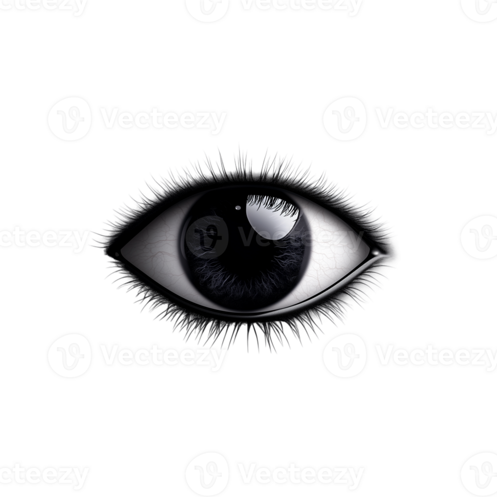 Black and white human eye with a dark iris and long eyelashes on a transparent background png