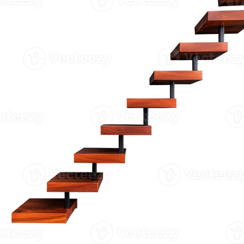 Wooden staircase ascending into the air on a transparent background png