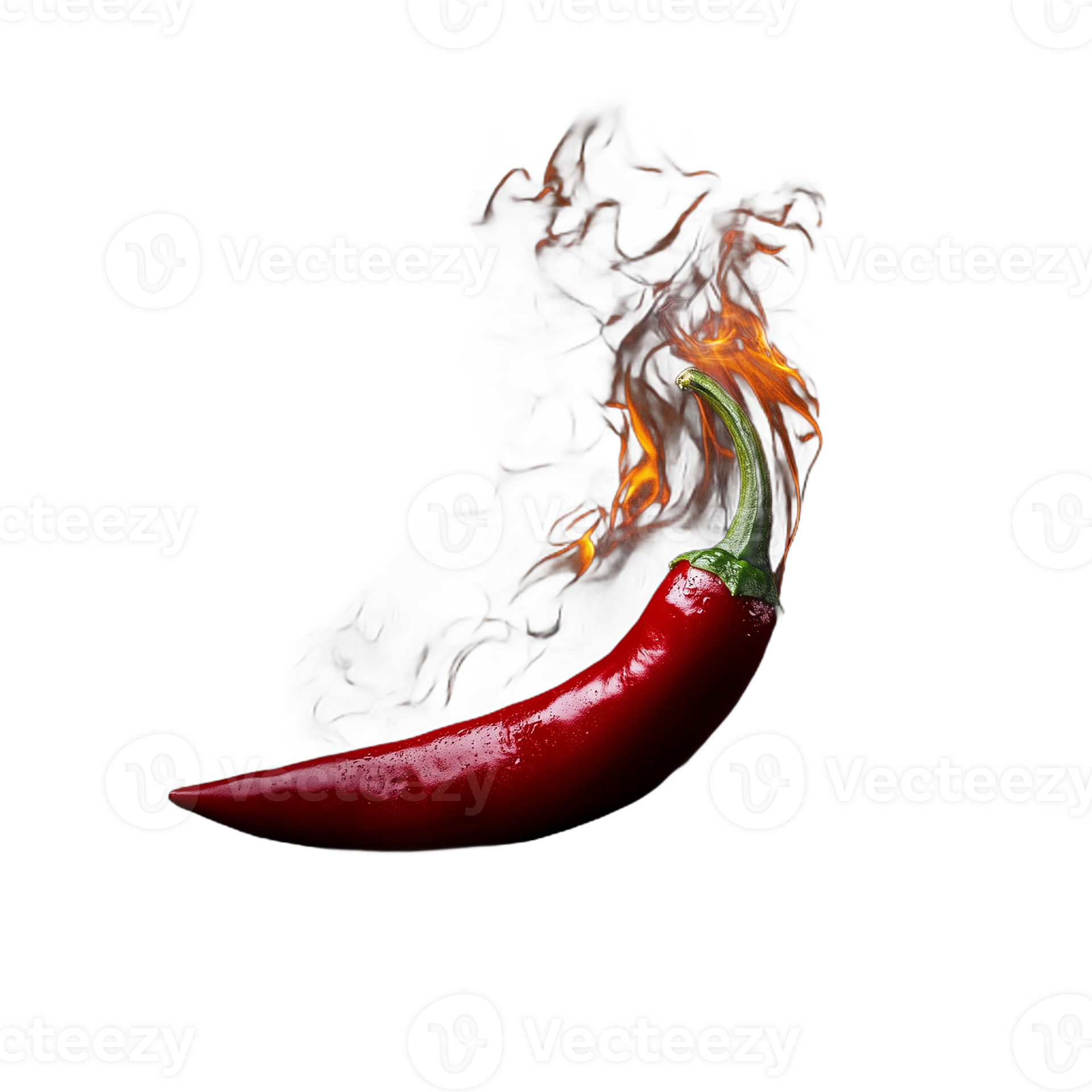 Red chili pepper burning and smoking from the tip on a transparent