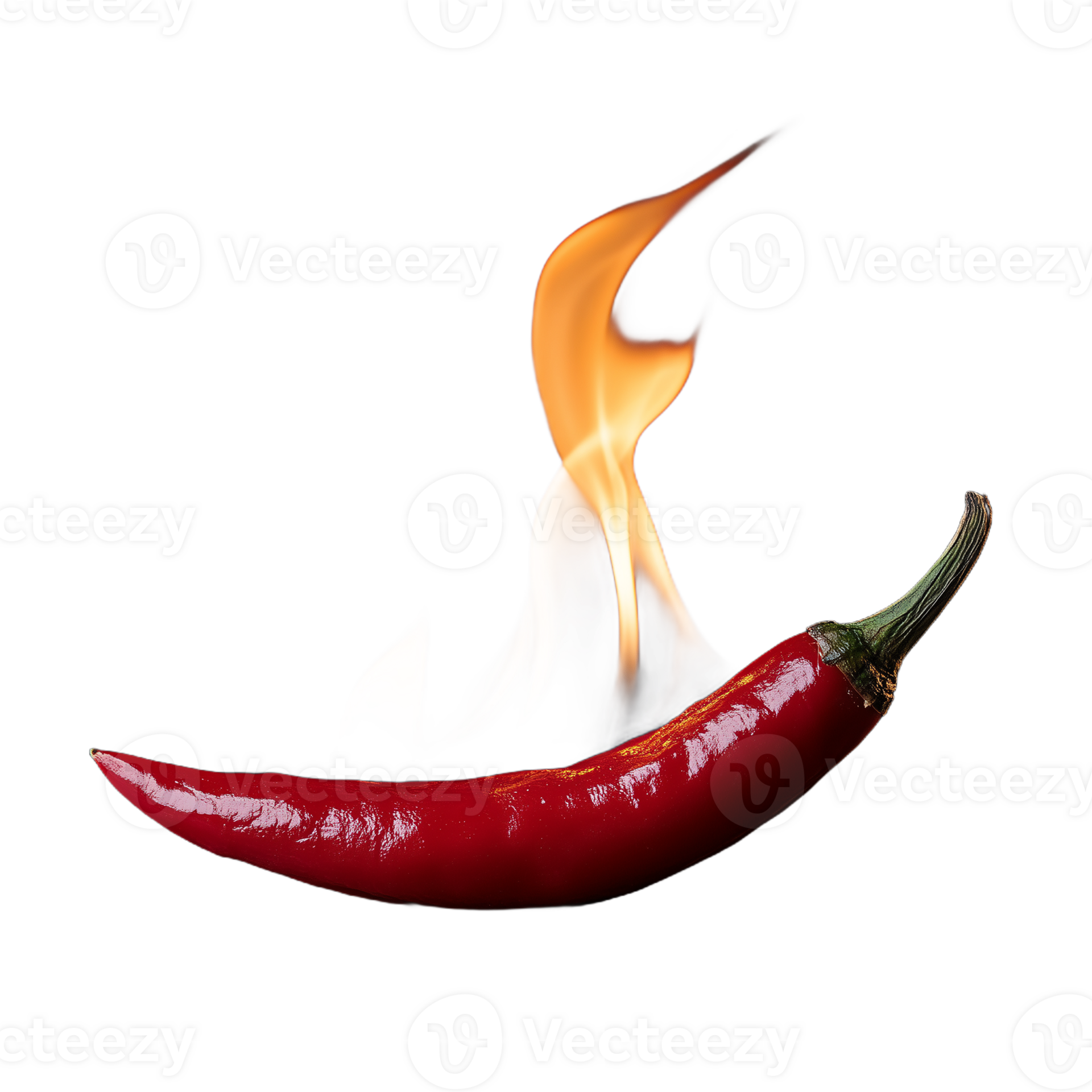 Single red chili pepper with a flame coming out of the tip on a