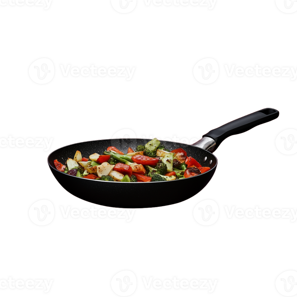 Frying pan with vegetables being stirfried on a transparent background png