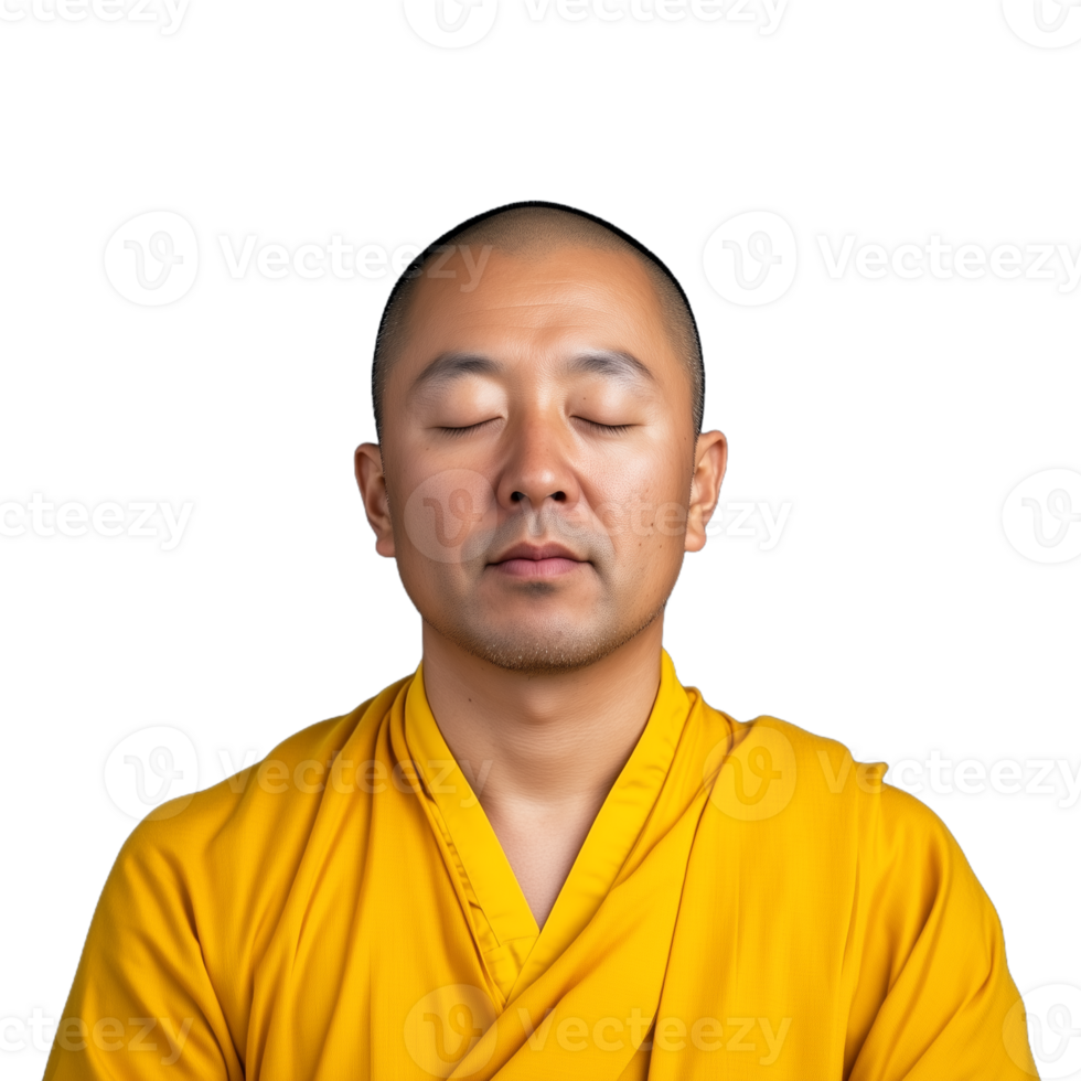 Portrait of a monk in a yellow robe meditating with closed eyes on a transparent background png
