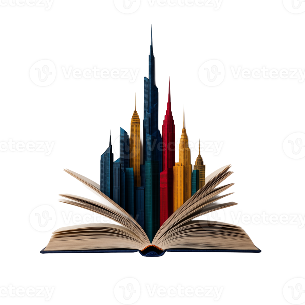 Open book with colorful skyscrapers emerging from its pages on a transparent background png
