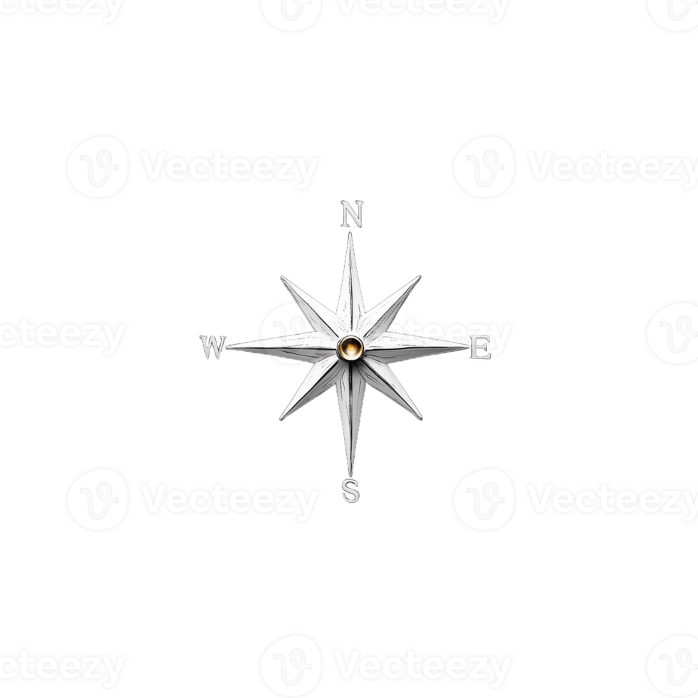 Metallic silver compass with sharp arrow points on a transparent background png