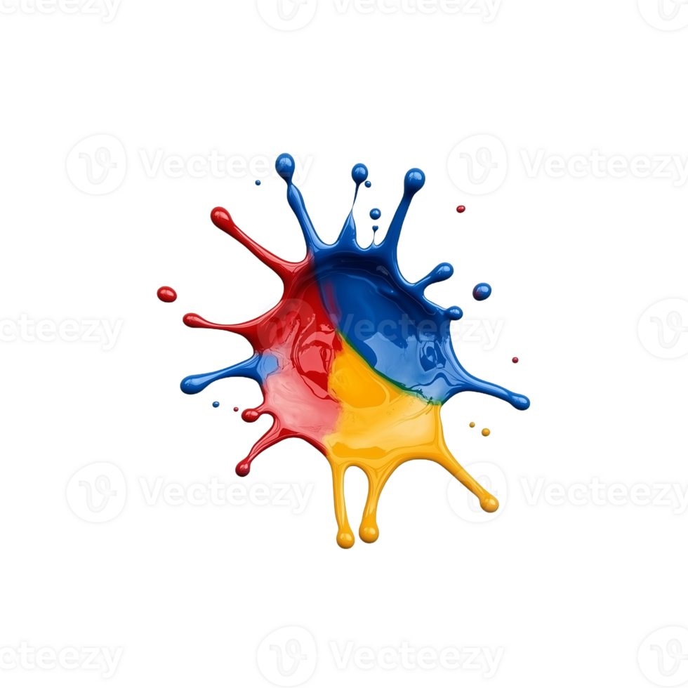 Bright splash of red, yellow, and blue paint colliding on a transparent background png