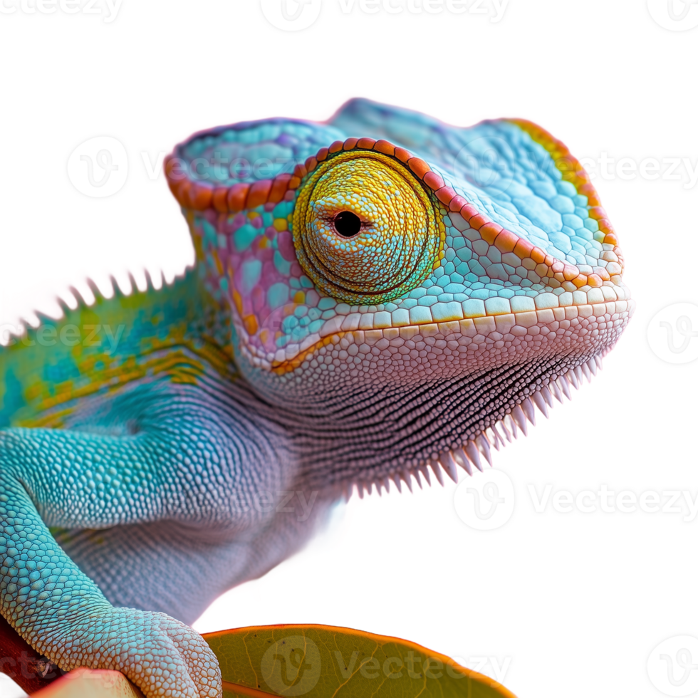 Colorful closeup of a chameleon with its eyes wide open on a transparent background png