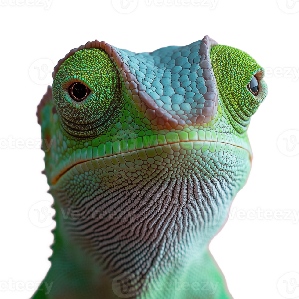 Closeup of a colorful chameleon with detailed skin texture on a transparent background png