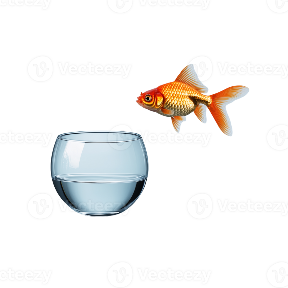 A goldfish swimming near a glass bowl on a transparent background png