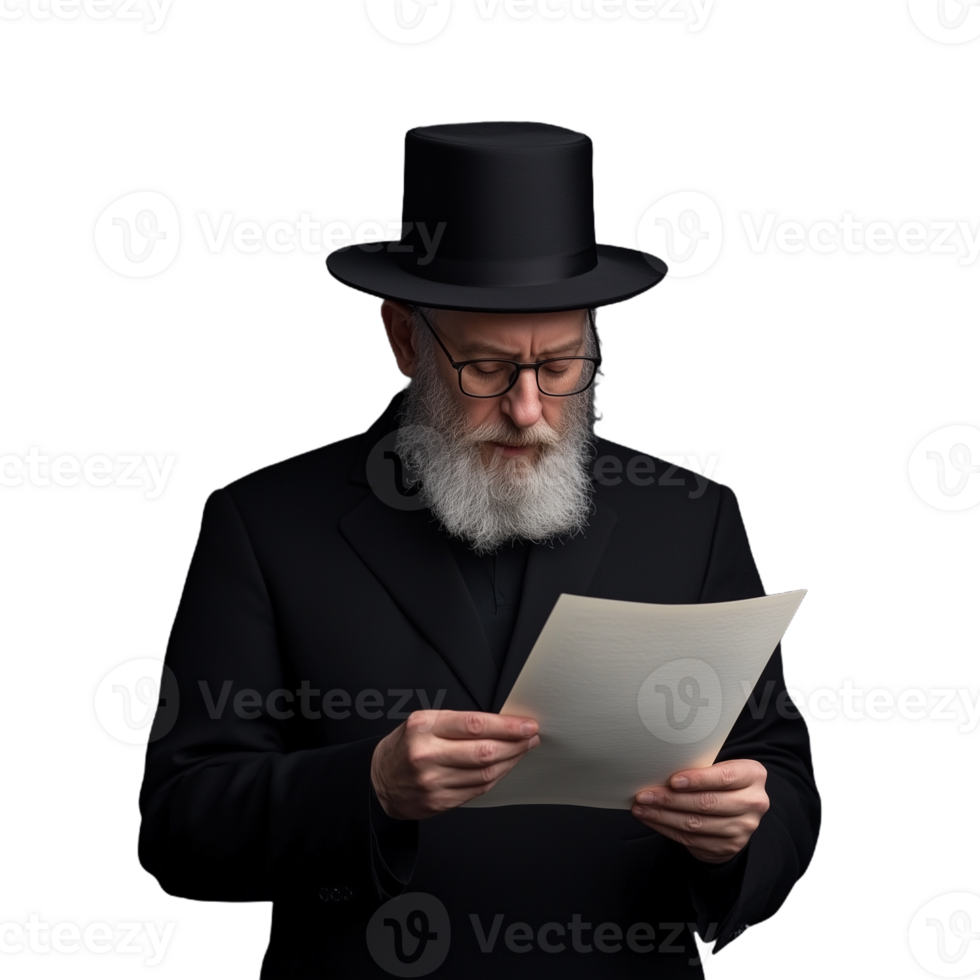 An elderly man with a beard wearing a black hat and coat, reading a document on a transparent background png