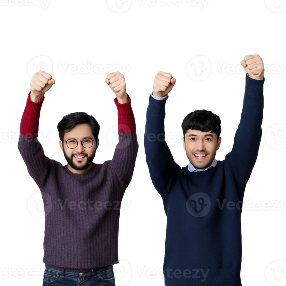 Two men raising their fists in celebration on a transparent background png