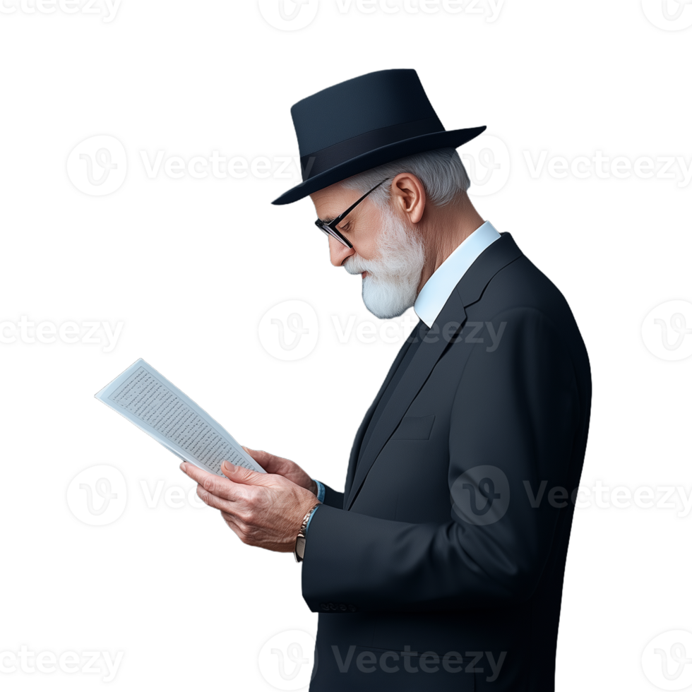 A man with a beard wearing a black hat and reading papers on a transparent background png
