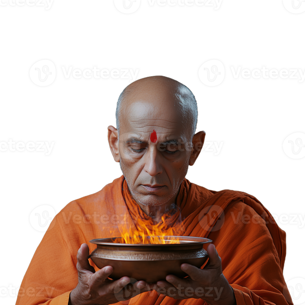 A bald man in orange religious robes holding a bowl with fire on a transparent background png
