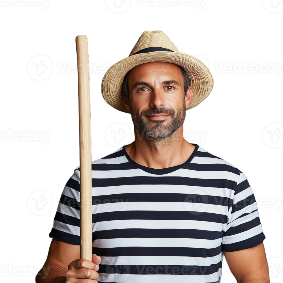 A man in a striped shirt and straw hat holding a wooden oar on a transparent background png