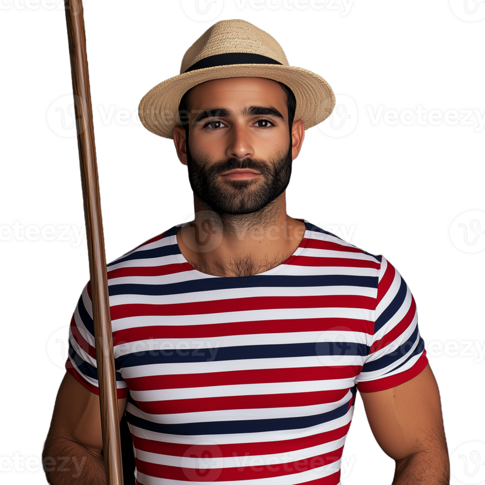 A man in a red and white striped shirt and straw hat holding a wooden oar on a transparent background png