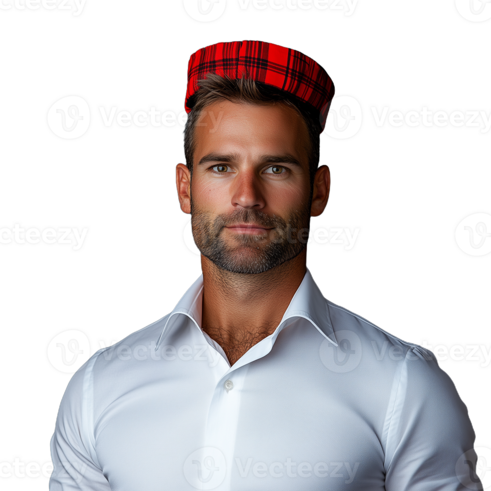 A man wearing a red tartan hat and white shirt on a transparent background png