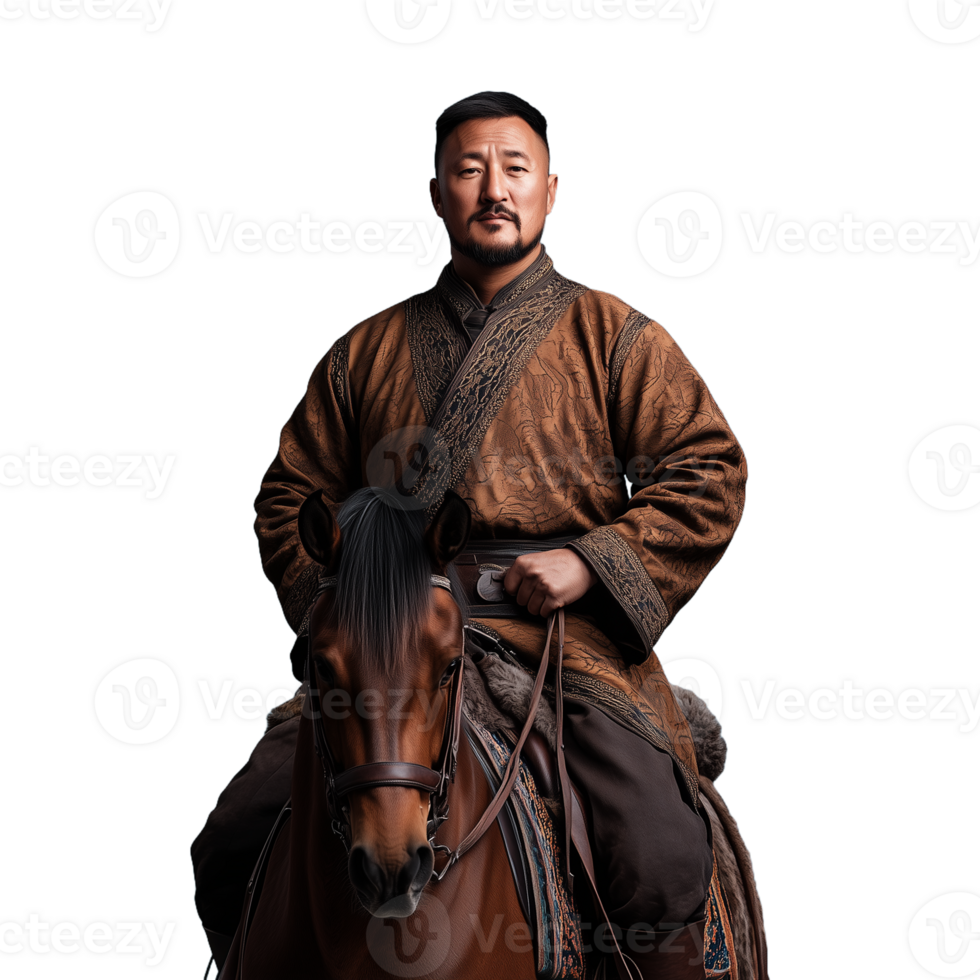 A man in traditional Mongolian clothing riding a horse on a transparent background png