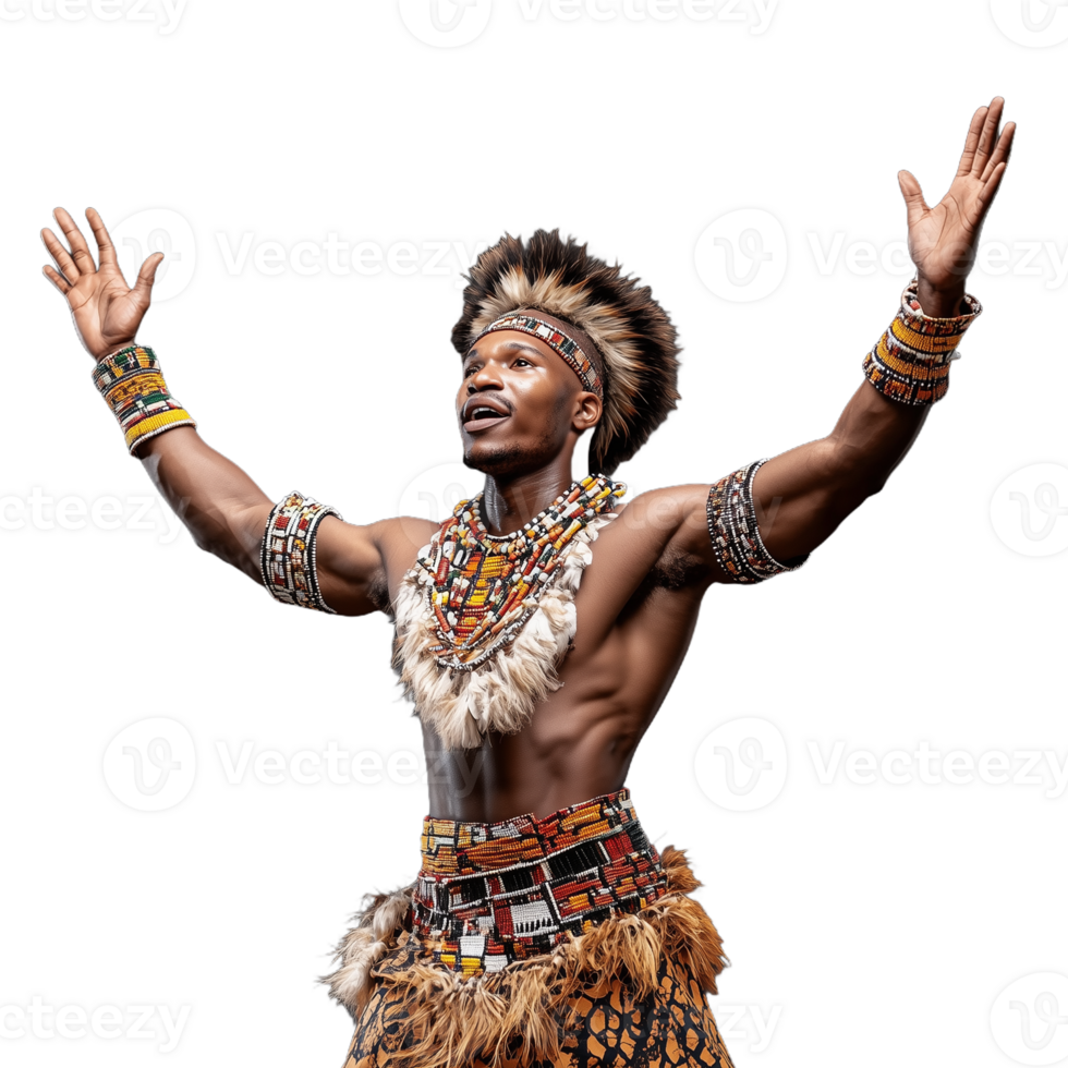 A man in traditional African attire dancing with his hands raised on a transparent background png