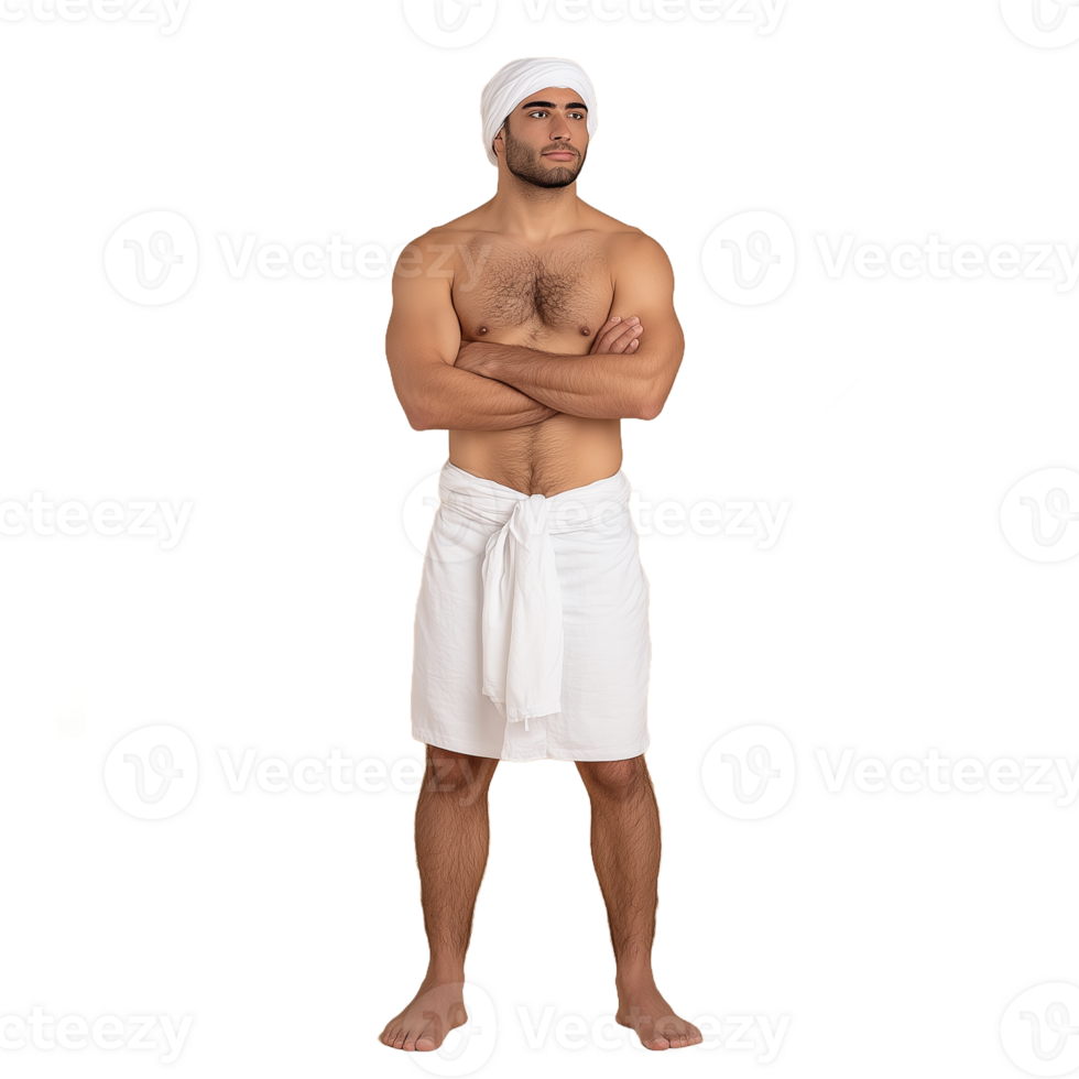 A muscular man standing with arms crossed wearing a towel around his waist on a transparent background png