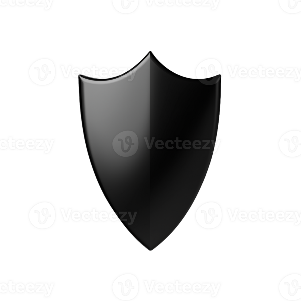 A black shield with a glossy surface on a transparent background png